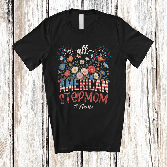 MacnyStore - Personalized Custom Name All American Stepmom; Amusing 4th of July US Flag Patriotic Family T-Shirt