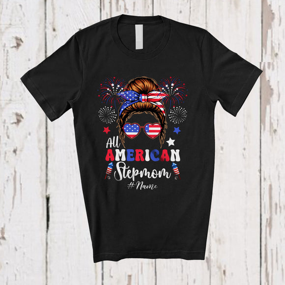 MacnyStore - Personalized Custom Name All American Stepmom; Lovely 4th Of July Messy Bun Hair; Patriotic Family T-Shirt