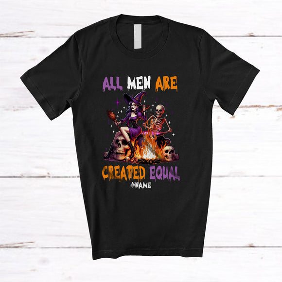 MacnyStore - Personalized Custom Name All Men Are Created Equal; Scary Halloween Witch Skull; Feminist T-Shirt