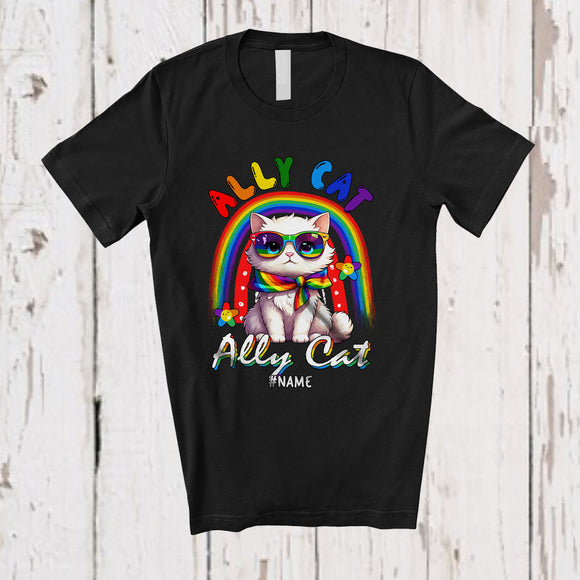 MacnyStore - Personalized Custom Name Ally Cat; Adorable LGBTQ Pride Gay Cat Sunglasses Rainbow T-Shirt