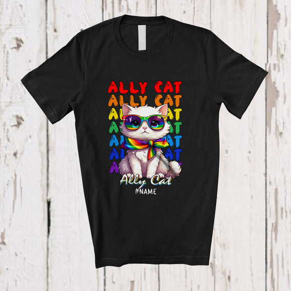 MacnyStore - Personalized Custom Name Ally Cat; Adorable LGBTQ Pride Gay Cat Sunglasses; Family T-Shirt