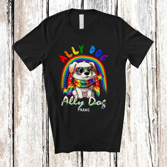 MacnyStore - Personalized Custom Name Ally Dog; Adorable LGBTQ Pride Gay Dog Sunglasses Rainbow T-Shirt