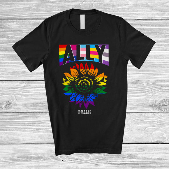 MacnyStore - Personalized Custom Name Ally; Lovely LGBTQ Pride Sunflower Gay Rainbow Flag; Family Group T-Shirt