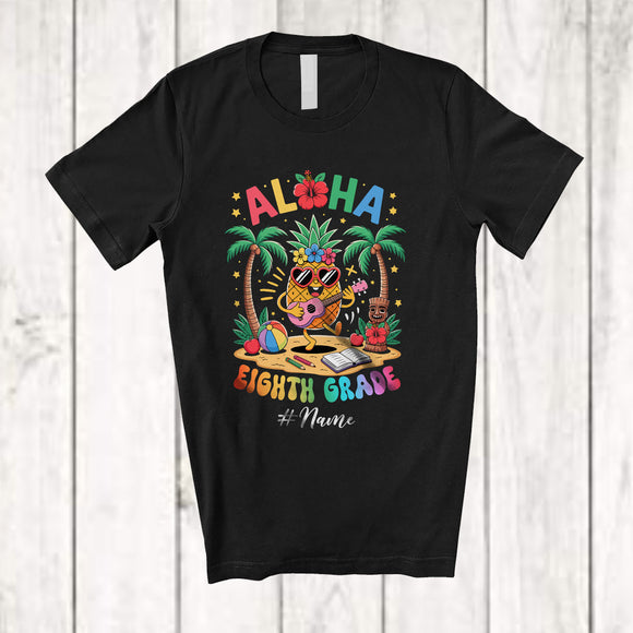 MacnyStore - Personalized Custom Name Aloha Eighth Grade; Joyful Summer Hawaiian Pineapple Playing Ukulele T-Shirt
