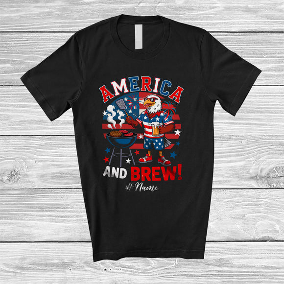 MacnyStore - Personalized Custom Name America And Brew; Proud 4th Of July Eagle Beer BBQ; Patriotic Retro T-Shirt