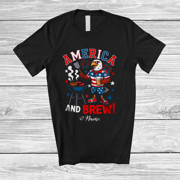 MacnyStore - Personalized Custom Name America And Brew; Proud 4th Of July Eagle Drinking Beer BBQ; Patriotic T-Shirt