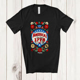 MacnyStore - Personalized Custom Name America Free Since 1776; Lovely 4th of July Floral Flowers Patriotic T-Shirt