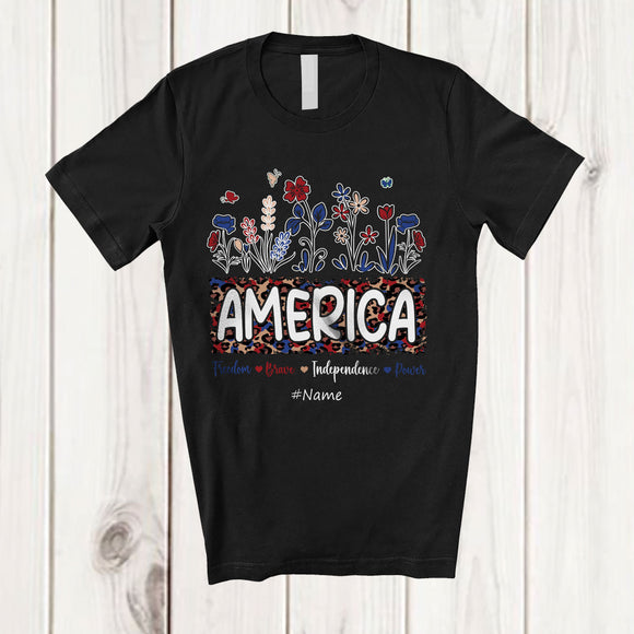 MacnyStore - Personalized Custom Name America Freedom; Awesome 4th Of July Leopard Floral; Patriotic T-Shirt