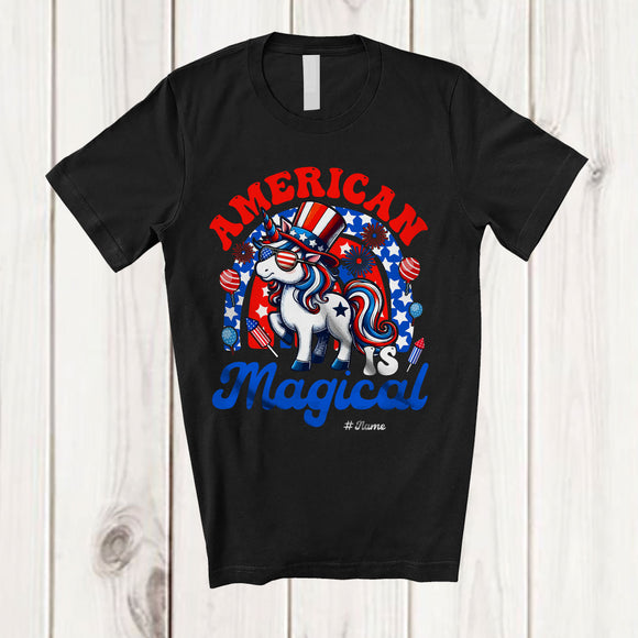 MacnyStore - Personalized Custom Name America Is Magical; Lovely 4th of July Unicorn US Flag Rainbow; Patriotic T-Shirt