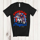 MacnyStore - Personalized Custom Name America Is Magical; Lovely 4th of July Unicorn US Flag Rainbow; Patriotic T-Shirt