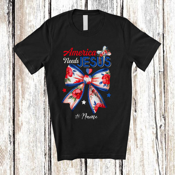 MacnyStore - Personalized Custom Name America Needs Jesus; Floral 4th Of July Coquette Bow; Patriotic T-Shirt