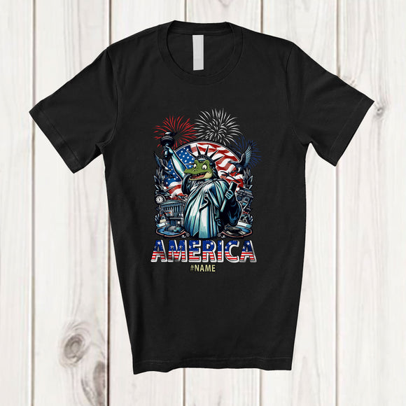 MacnyStore - Personalized Custom Name America; Joyful 4th Of July Alligator Cosplay Statue Of Liberty; Patriotic T-Shirt