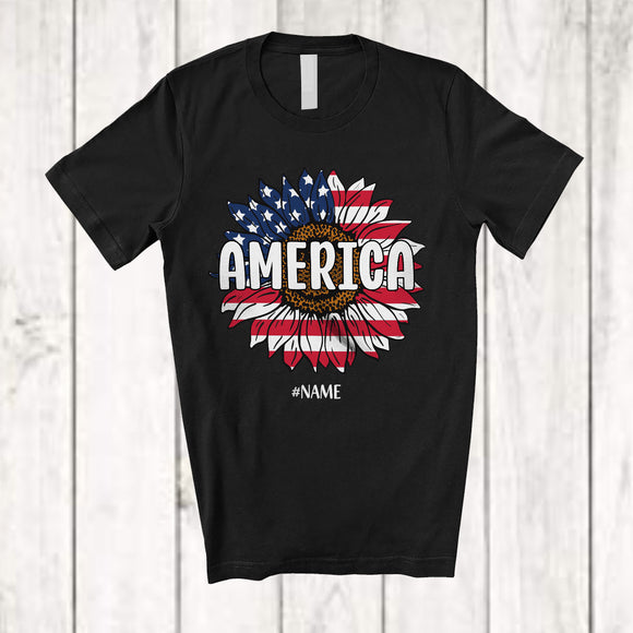 MacnyStore - Personalized Custom Name America; Lovely 4th Of July Sunflower US Flag Leopard; Patriotic T-Shirt