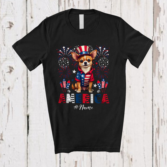 MacnyStore - Personalized Custom Name America; Amazing 4th Of July US Flag Fireworks Chihuahua; Patriotic T-Shirt
