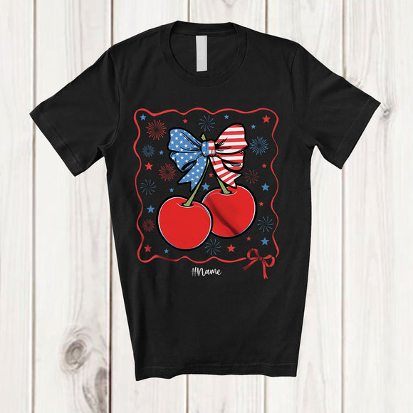 MacnyStore - Personalized Custom Name American Flag Coquette Cherry; Lovely 4th July Fruit Vegan; Patriotic T-Shirt