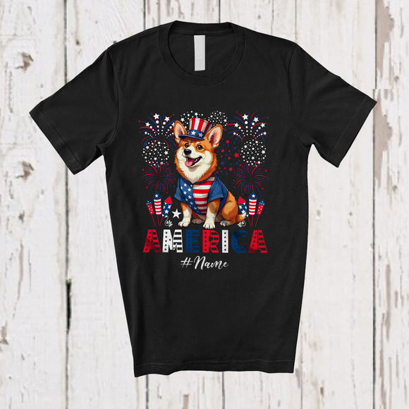 MacnyStore - Personalized Custom Name America; Amazing 4th Of July US Flag Fireworks Corgi; Patriotic T-Shirt