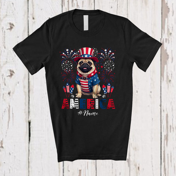 MacnyStore - Personalized Custom Name America; Amazing 4th Of July US Flag Fireworks Pug; Patriotic T-Shirt