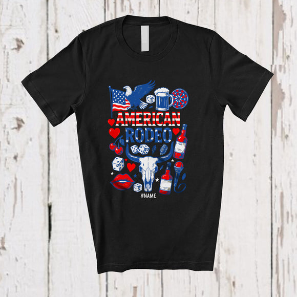 MacnyStore - Personalized Custom Name American Rodeo; Humorous 4th Of July Bull Riding; Patriotic T-Shirt