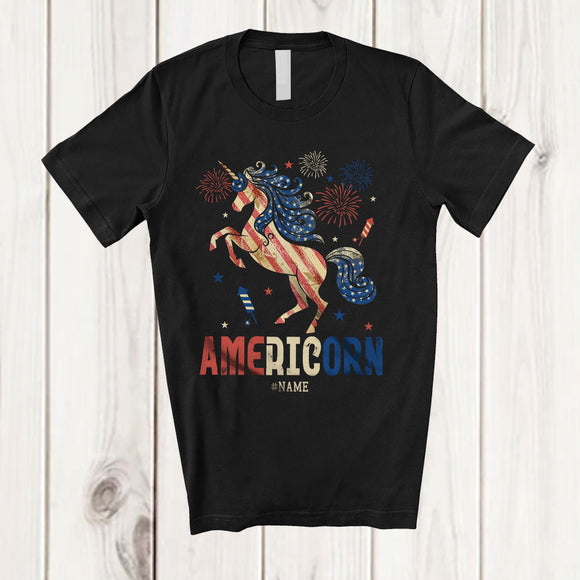 MacnyStore - Personalized Custom Name Americorn; Joyful 4th Of July Vintage American Flag Unicorn; Patriotic T-Shirt