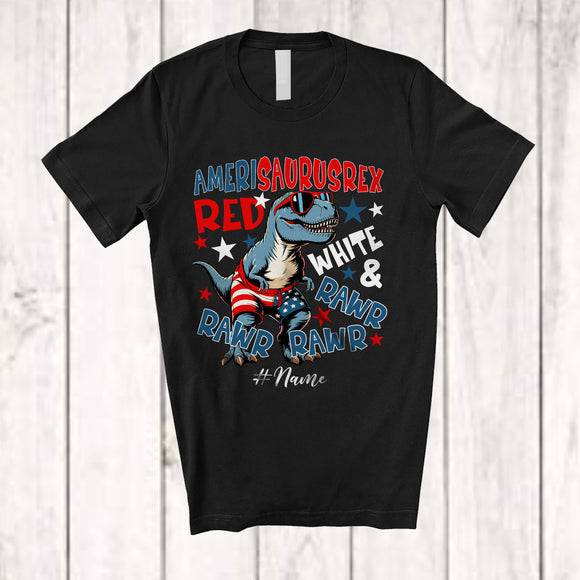 MacnyStore - Personalized Custom Name Amerisaurus Rex Rawr; Humorous 4th Of July T-Rex; Patriotic T-Shirt