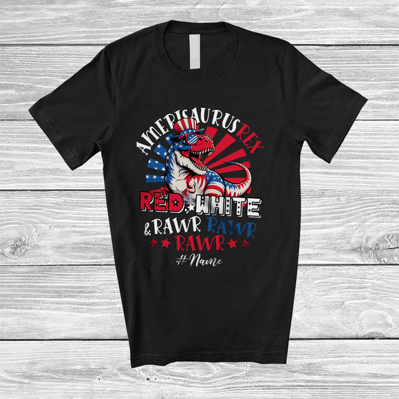 MacnyStore - Personalized Custom Name Amerisaurus Rex Red White Rawr; Proud 4th Of July US T-Rex; Patriotic T-Shirt