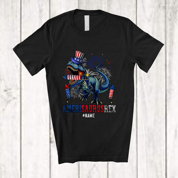 MacnyStore - Personalized Custom Name Amerisaurus Rex; Amazing 4th Of July Dinosaur T-Rex Fireworks; Patriotic T-Shirt