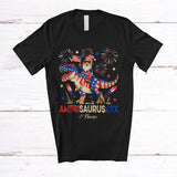 MacnyStore - Personalized Custom Name Amerisaurusrex; Joyful 4th Of July Gnome Riding T-Rex Dinosaur; US Flag T-Shirt