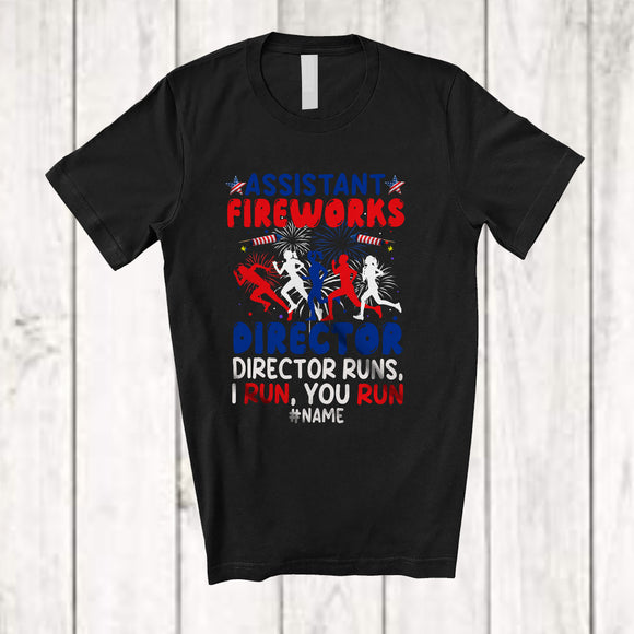 MacnyStore - Personalized Custom Name Assistant Fireworks Director I Run; Joyful 4th Of July US Flag Patriotic T-Shirt