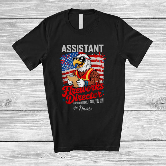 MacnyStore - Personalized Custom Name Assistant Fireworks Director Run; Proud 4th of July Eagle US Flag; Patriotic T-Shirt