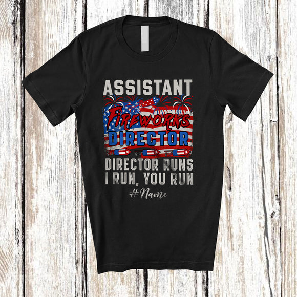 MacnyStore - Personalized Custom Name Assistant Fireworks Director Runs; Proud 4th of July US Flag Firecracker T-Shirt