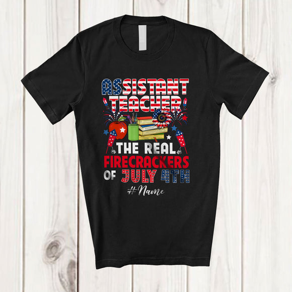 MacnyStore - Personalized Custom Name Assistant Teacher Real Firecrackers; Joyful 4th Of July Fireworks; Patriotic T-Shirt