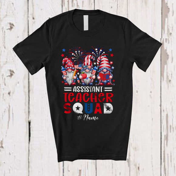 MacnyStore - Personalized Custom Name Assistant Teacher Squad; Adorable 4th Of July Three Patriotic Gnomes T-Shirt