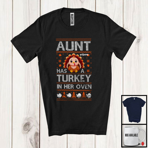 MacnyStore - Personalized Custom Name Aunt Has A Turkey In Her Oven; Lovely Thanksgiving Pregnancy Sweater T-Shirt