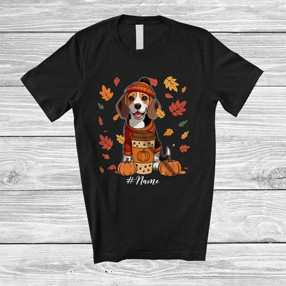 MacnyStore - Personalized Custom Name Autumn Beagle Drink Coffee; Lovely Thanksgiving Fall Leaf Family T-Shirt