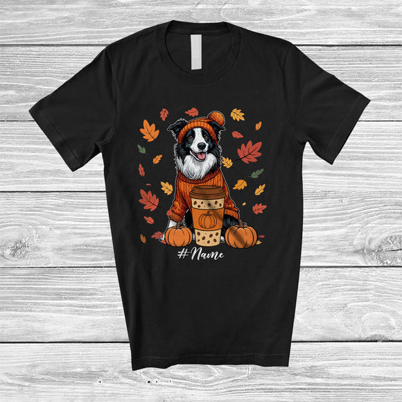 MacnyStore - Personalized Custom Name Autumn Border Collie Drink Coffee; Lovely Thanksgiving Fall Leaf Family T-Shirt