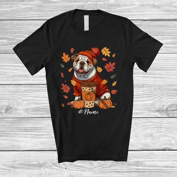 MacnyStore - Personalized Custom Name Autumn Bulldog Drink Coffee; Lovely Thanksgiving Fall Leaf Family T-Shirt
