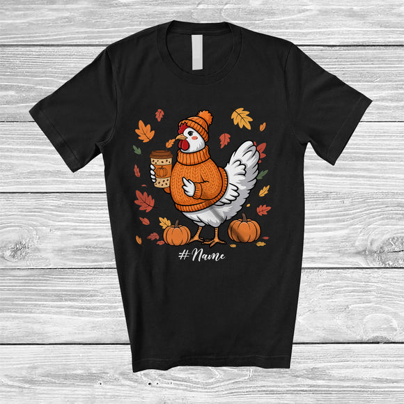 MacnyStore - Personalized Custom Name Autumn Chicken Drink Coffee; Lovely Thanksgiving Fall Leaf Family T-Shirt