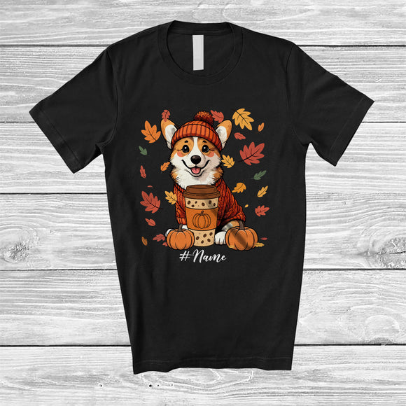 MacnyStore - Personalized Custom Name Autumn Corgi Drink Coffee; Lovely Thanksgiving Fall Leaf Family T-Shirt