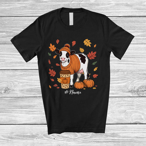 MacnyStore - Personalized Custom Name Autumn Cow Drink Coffee; Lovely Thanksgiving Fall Leaf Family T-Shirt