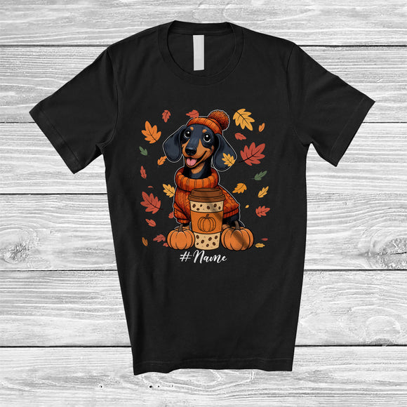 MacnyStore - Personalized Custom Name Autumn Dachshund Drink Coffee; Lovely Thanksgiving Fall Leaf Family T-Shirt