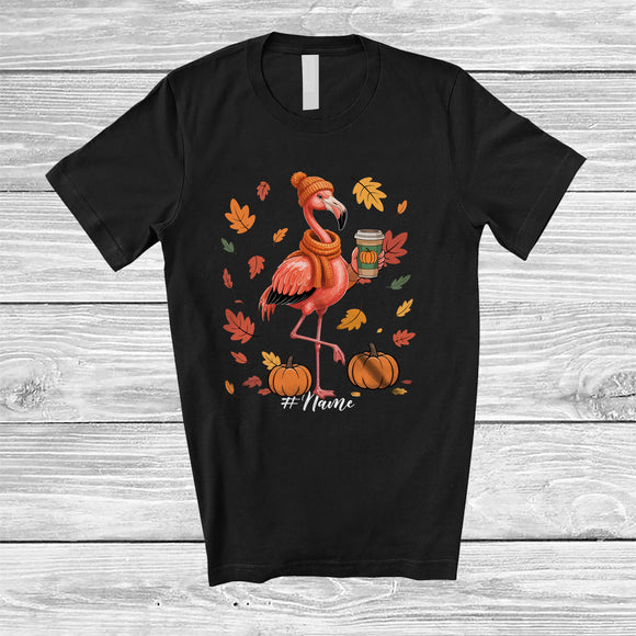MacnyStore - Personalized Custom Name Autumn Flamingo Drink Coffee; Lovely Thanksgiving Fall Leaf Family T-Shirt