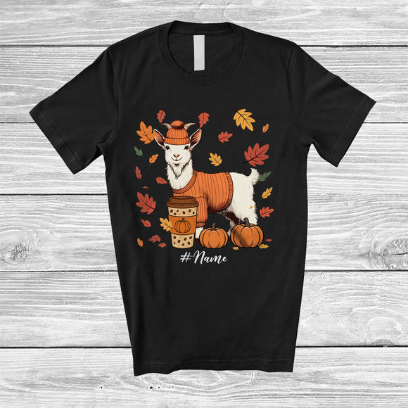 MacnyStore - Personalized Custom Name Autumn Goat Drink Coffee; Lovely Thanksgiving Fall Leaf Family T-Shirt