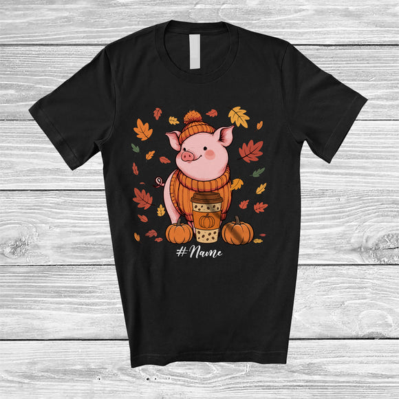 MacnyStore - Personalized Custom Name Autumn Pig Drink Coffee; Lovely Thanksgiving Fall Leaf Family T-Shirt