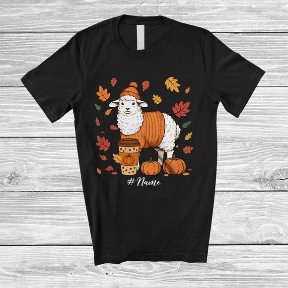 MacnyStore - Personalized Custom Name Autumn Sheep Drink Coffee; Lovely Thanksgiving Fall Leaf Family T-Shirt