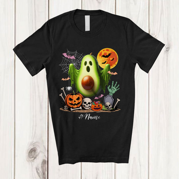 MacnyStore - Personalized Custom Name Avocado Wearing Ghost Boo Costume; Creepy Halloween Fruit Vegan T-Shirt