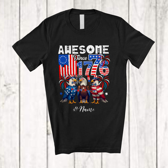 MacnyStore - Personalized Custom Name Awesome Since 1776; Proud 4th Of July Eagle Patriotic US Flag Family T-Shirt