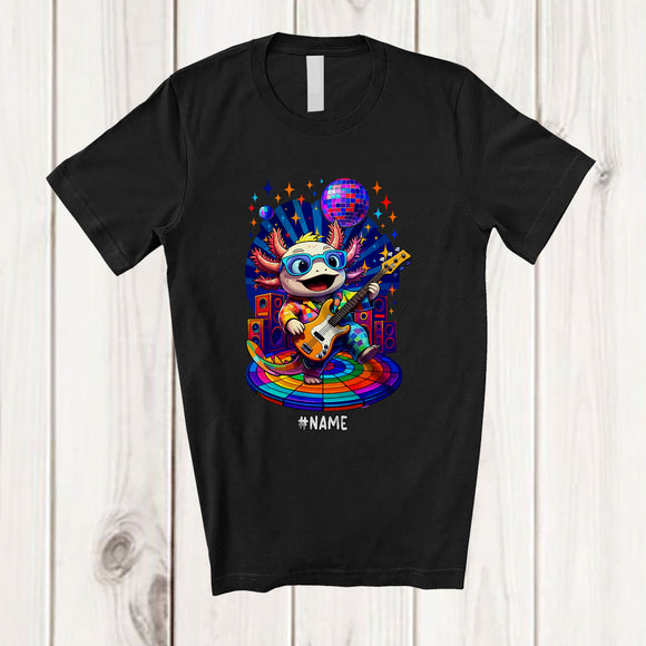 MacnyStore - Personalized Custom Name Axolotl Disco Sunglasses Playing Rock Guitar; Joyful Guitarist Music T-Shirt