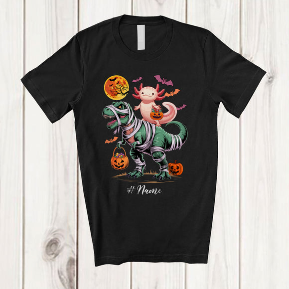 MacnyStore - Personalized Custom Name Axolotl Riding T-Rex Mummy; Scary Halloween Dinosaur Cosplay; Family T-Shirt