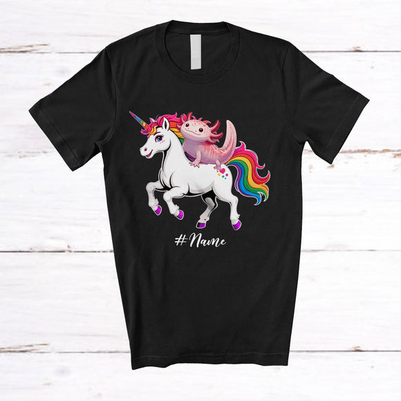 MacnyStore - Personalized Custom Name Axolotl Riding Unicorn; Adorable Axolotl Animal Lover; Family Group T-Shirt