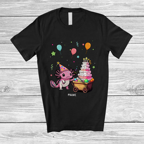 MacnyStore - Personalized Custom Name Axolotl with Cake; Lovely Birthday Party Animal Lover T-Shirt